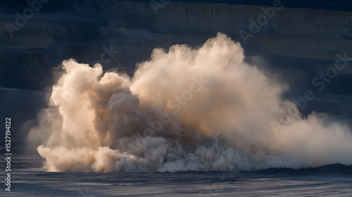 Coal residue dust cloud over mining area with dramatic light creating powerful and intense atmosphere in industrial landscape