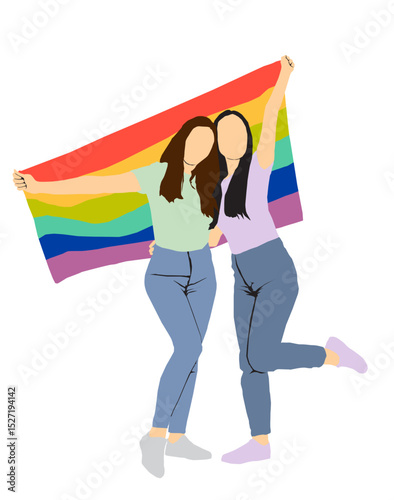 homo couple with LGBT rainbow pride flag holding