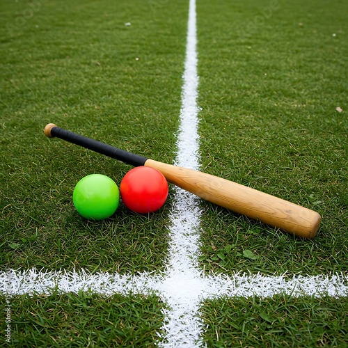 A rounders bat and ball   (one green, one red) laid out on a green grass field with white lines, suggesting a baseball or softball game.