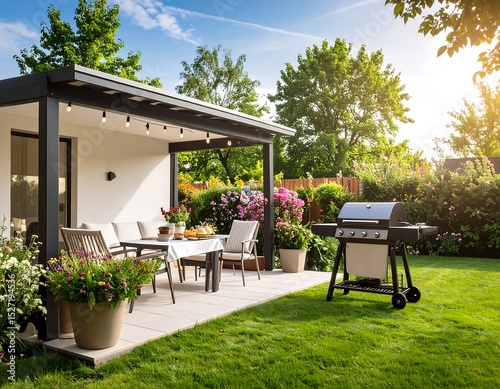Outdoor patio dining area with grill