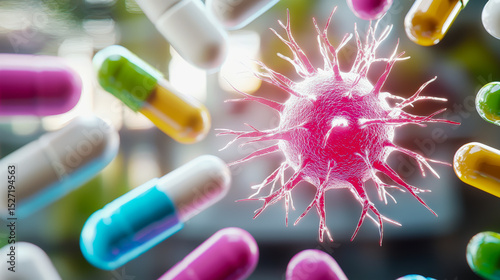 A vibrant 3D illustration of a virus particle surrounded by various colorful capsules and pills, symbolizing medical treatment and pharmaceutical intervention.