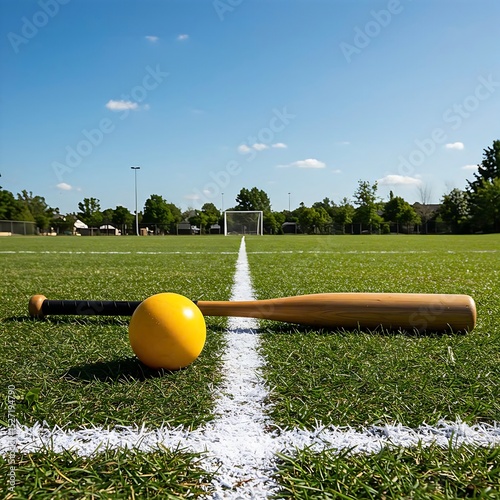 rounders bat and balls   resting on a green field with a white line, under a clear blue sky.
