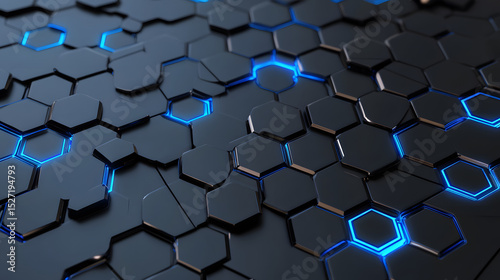 Futuristic black hexagonal tiles with glowing blue light accents create sleek digital pattern, evoking high tech and modern atmosphere with sense of depth and innovation