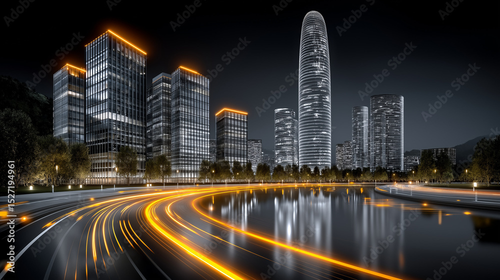 Fototapeta premium Night City Lights: A mesmerizing nightscape of a modern city skyline, featuring sleek skyscrapers illuminated with warm, golden lights.