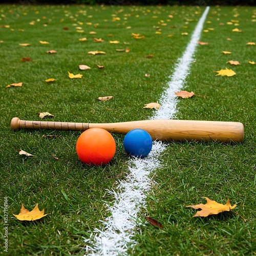 rounders bat and balls    resting on a green field with a white line, surrounded by scattered autumn leaves.