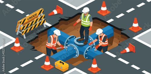Technicians repairing underground water pipeline beneath city road to ensure efficient utility service and prevent infrastructure disruption isometric cartoon