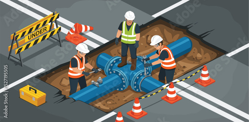 Technicians repairing underground water pipeline beneath city road to ensure efficient utility service and prevent infrastructure disruption isometric cartoon