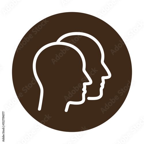 Contemplative profiles inside brown circle. Icon symbol illustration