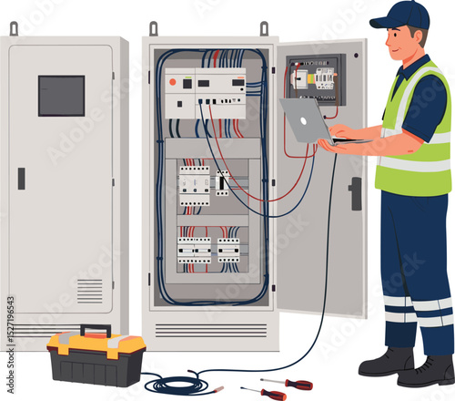 Electrical technician fixing a PLC control cabinet in a smart factory, isometric isolated cartoon