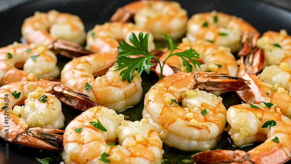 Close Up of Sauteed Shrimp Garnished with Parsley and Garlic Served on a Dark Plate Showing Appetizing Texture and Culinary Detail Close Up of Sauteed Shrimp Garnished with Parsley and Garlic Served on a Dark Plate Showing Appetizing Texture and Culinary Detail