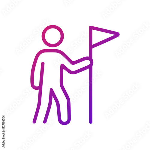 Person plants flag on summit. Icon symbol illustration
