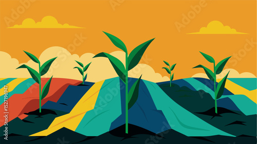 A patch of wilted crops hidden under a colorful collage of plastic tarps a bittersweet symbol of a farmers stubborn resilience in the face of adversity.. Vector illustration
