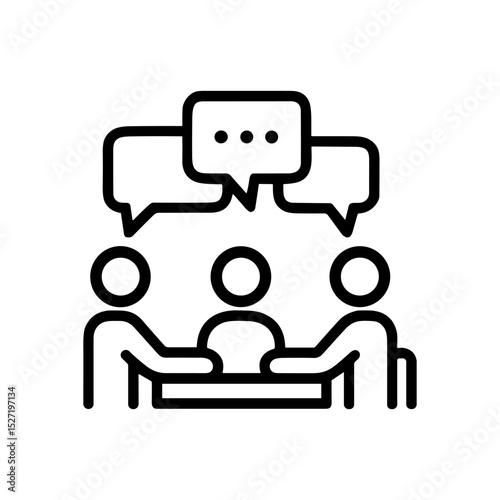 Three people discussing around a table. Icon symbol illustration