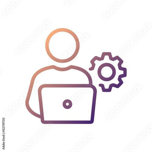 Technical worker with laptop and gear. Icon symbol illustration
