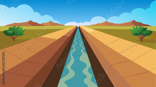 A narrow channel of dry earth a relic of a time when water was plentiful and farming was prosperous.. Vector illustration