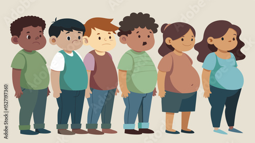 A group of children their clothes tattered and their bellies bloated eagerly await their turn in the line their faces reflecting the pervasive hunger in the community.. Vector illustration