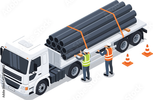 Two industrial workers inspecting and securing large steel pipes on a flatbed truck for transportation safety at a construction site isometric