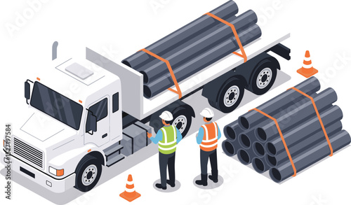 Two industrial workers inspecting and securing large steel pipes on a flatbed truck for transportation safety at a construction site isometric