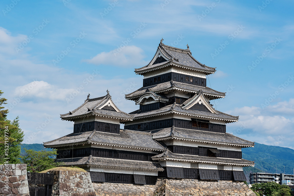 Fototapeta premium Beautiful view of Matsumoto Castle, also known as “Crow Castle”, in the evening and is a popular tourist attraction in Matsumoto City, Nagano Prefecture, Japan.