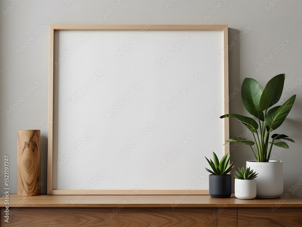 Neutral Artwork Mockup with Plants on Wooden Cabinet Table Neutral Artwork Mockup with Plants on Wooden Cabinet Table