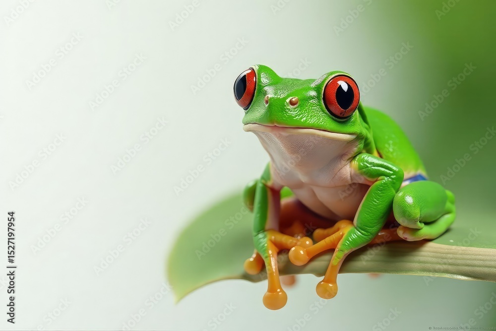Obraz premium Green tree frog perched on white, vibrant skin, wildlife photography, wildlife