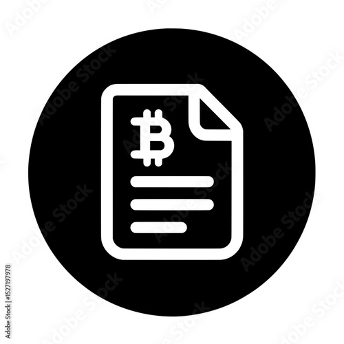 Paper document with Bitcoin icon inside black circle symbolizing digital contract or crypto record