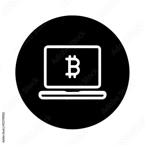 Bitcoin and laptop screen icon in bold circle for modern cryptocurrency investment UI design