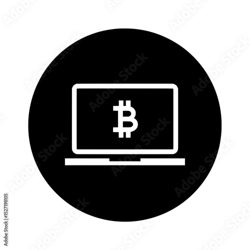 Bitcoin symbol inside black circle with laptop icon for dark mode cryptocurrency interface