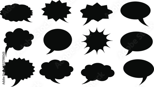 Set of black speech bubble and comic dialog balloon silhouettes in various shapes, isolated on a transparent background. Ideal for comics, pop art, or messaging icons.