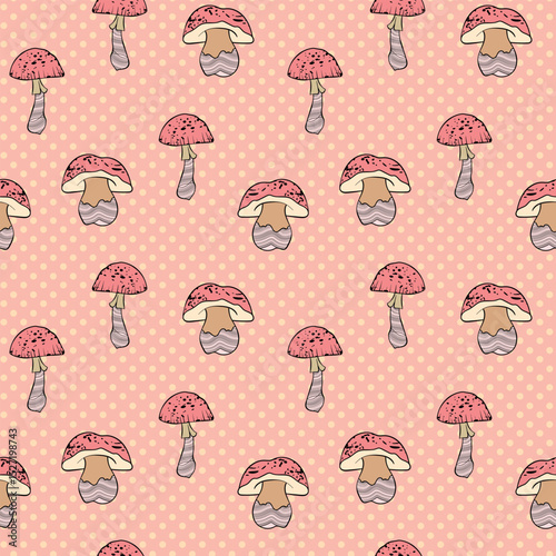 Seamless pattern with mushrooms. Hand drawn vector illustration. Vegan food menu. Poisonous and edible mushroom. Autumn mushroom picking, forest plant sketches.