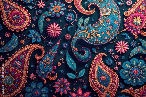 Intricate paisley pattern in rich jewel tones, swirling motifs , retro, pattern