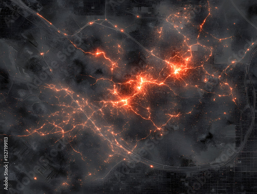 Urban heat pocket visualized as glowing red hotspots highlighting intense heat areas in dark cityscape, showing heat distribution and urban temperature variations