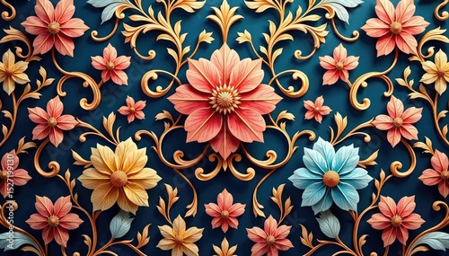 Intricate woven floral damask, elegant curves & swirls, repeating, vintage pattern, style