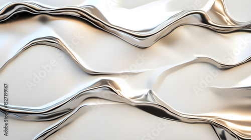 Warped metallic panel with smooth flowing curves and shiny silver surface creating abstract distorted pattern with reflective highlights and soft shadows