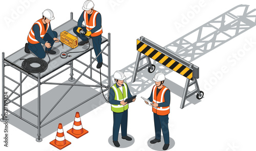 scaffolding in Construction worksite engineer and foreman working with labor isometric isolated illustration