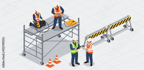 scaffolding in Construction worksite engineer and foreman working with labor isometric isolated illustration