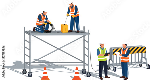 scaffolding in Construction worksite engineer and foreman working with labor isometric isolated illustration