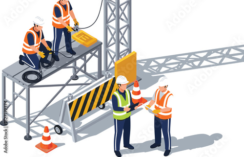 scaffolding in Construction worksite engineer and foreman working with labor isometric isolated illustration