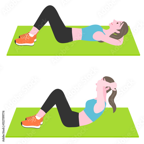 Vector illustration of woman doing abdominal crunch exercise in two poses