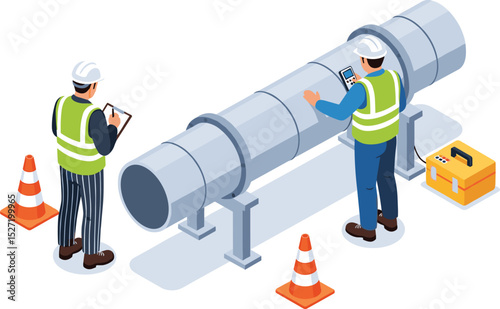 Engineer inspection Technicians testing to weld pipe with ultrasonic method isometric isolated illustration