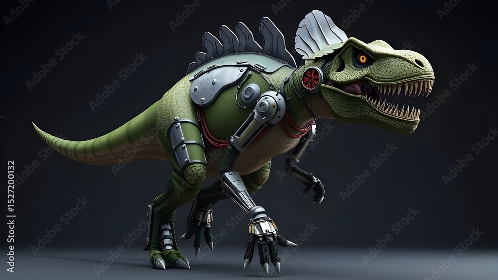Fototapeta premium Cyborg Dinosaur: Studio Render with Dramatic Backlight & Glowing Optics, Dark Background. 