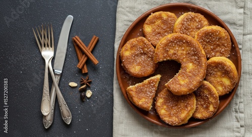Deliciously arranged sweet pastries with a golden crust, served on a rustic table with utensils and spices