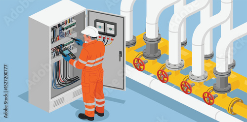 Petroleum engineer operating electrical control panel to monitor gas pipeline system for optimal performance and safety in energy industry facility .