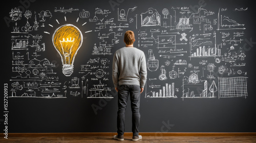Person stands thoughtfully before blackboard filled with creative problem solving diagrams and glowing lightbulb symbol