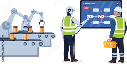 AI assistant identifying machine error on smart production line and guiding technician for timely maintenance and efficient troubleshooting in industrial automation system