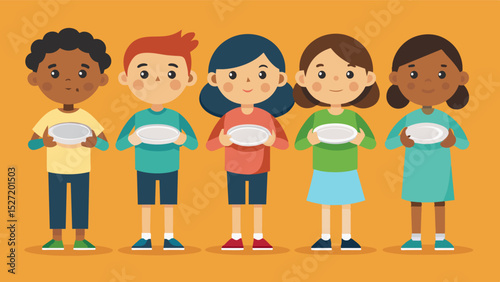 A group of children line up for a food distribution each one cradling an empty plate their faces etched with both hunger and hope.. Vector illustration