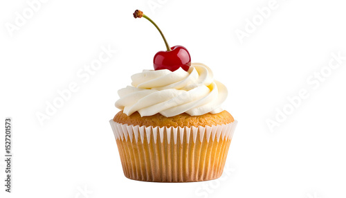 Vanilla Cupcake with Cherry on Top, bakery products, sweet food, dessert Isolated on Transparent Background