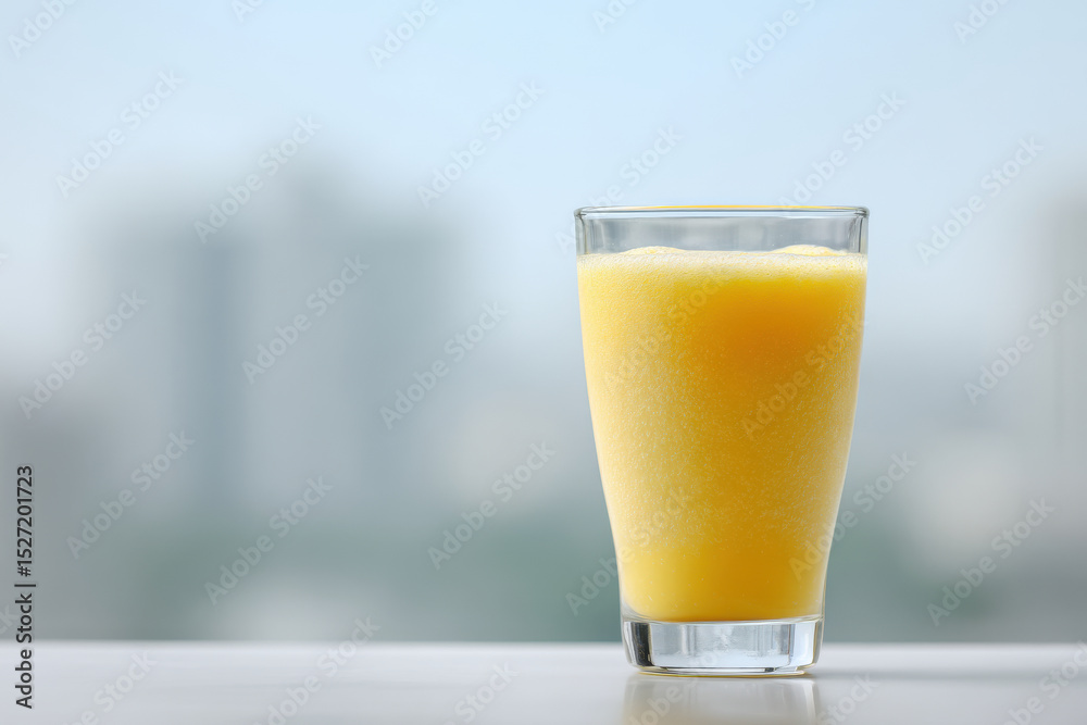 refreshing mango and coconut smoothie in clear glass placed on light background refreshing mango and coconut smoothie in clear glass placed on light background