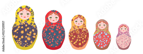 Russian Matryoshka. Traditional Russian folklore dolls with big eyes and lips. Babushka doll with hohloma, traditional painted floral pattern. Set with hand drawn vector illustration.