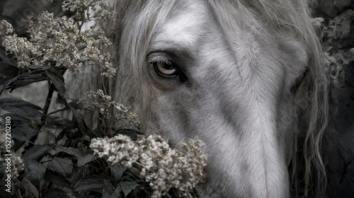 Extreme closeup of a beautiful horse emerging from flowers. A white stallion.
